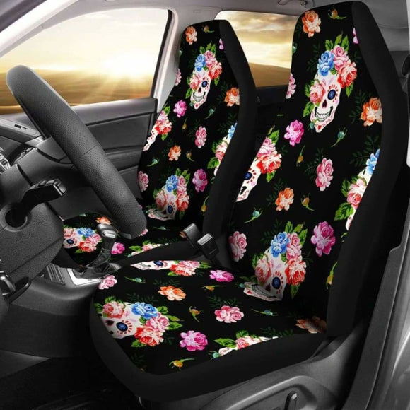 Set 2 Seat Cover Flower Skull Gothic Car Seat Covers 101207 - YourCarButBetter