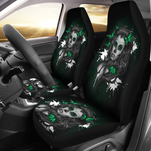 Set Of 2 Floral Girl Sugar Skull Car Seat Covers 101819 - YourCarButBetter