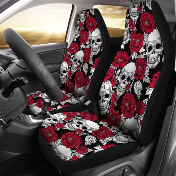 Set Of 2 - Floral Skull - Gothic Car Seat Covers 172727 - YourCarButBetter