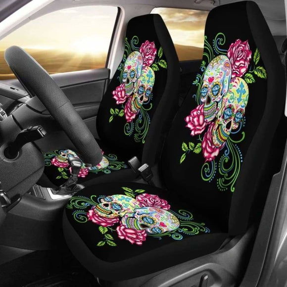 Set Of 2 Floral Sugar Skull Car Seat Covers 101207 - YourCarButBetter