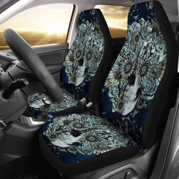 Set Of 2 Floral Sugar Skull Car Seat Covers 101207 - YourCarButBetter