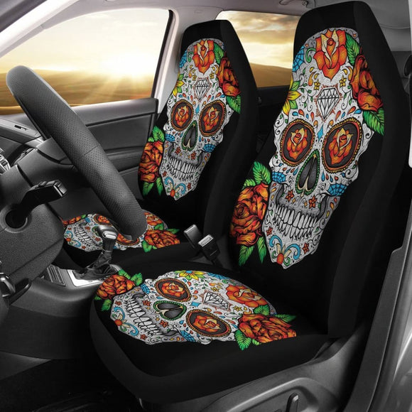 Set Of 2 Floral Sugar Skull Car Seat Covers 101819 - YourCarButBetter