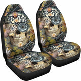 Set Of 2 Floral Sugar Skull Seat Covers 101207 - YourCarButBetter