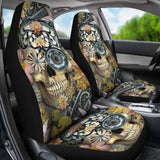 Set Of 2 Floral Sugar Skull Seat Covers 101207 - YourCarButBetter