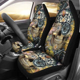 Set Of 2 Floral Sugar Skull Seat Covers 101207 - YourCarButBetter