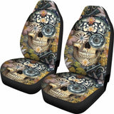 Set Of 2 Floral Sugar Skull Seat Covers 101207 - YourCarButBetter