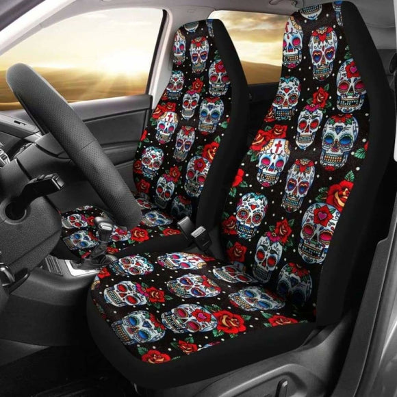 Set Of 2 Floral Sugar Skull Seat Covers 101207 - YourCarButBetter