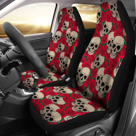 Set Of 2 Floral Sugar Skull Seat Covers Day Of The Dead 101819 - YourCarButBetter