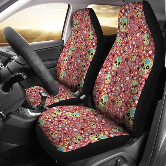 Set Of 2 Floral Sugar Skull Seat Covers - Day Of The Dead 101819 - YourCarButBetter