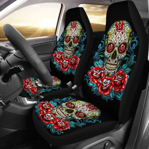 Set Of 2 - Flower Sugar Skull Seat Covers 101207 - YourCarButBetter