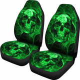 Set Of 2 Green Flaming Fire Skull Car Seat Covers 110728 - YourCarButBetter