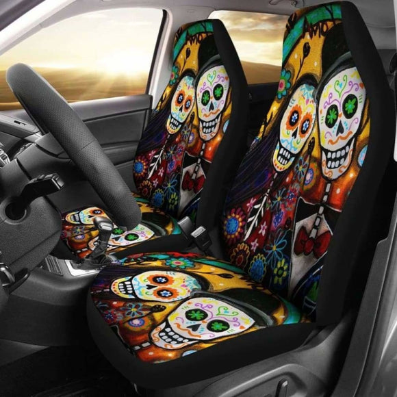 Set Of 2 Pcs Day Of The Dead Sugar Skull Car Seat Cover 101207 - YourCarButBetter