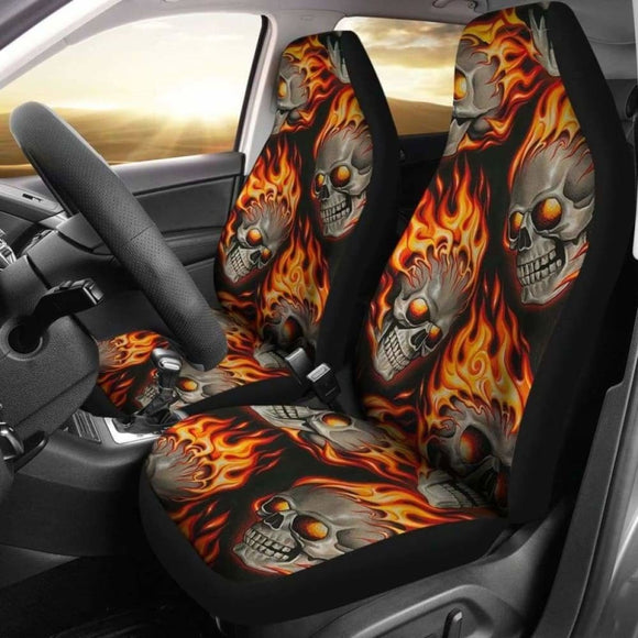 Set Of 2 Pcs Flaming Fire Skulls Car Seat Covers 101207 - YourCarButBetter