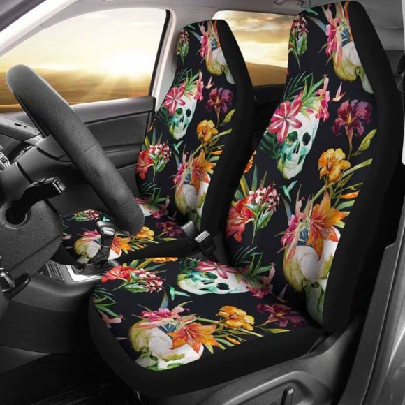 Set Of 2 Pcs - Skull Floral Fire Halloween Skull Car Seat Covers 153908 - YourCarButBetter