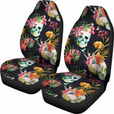 Set Of 2 Pcs - Skull Floral Fire Halloween Skull Car Seat Covers 153908 - YourCarButBetter
