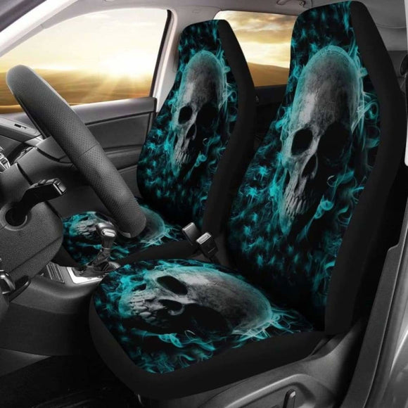 Set Of 2 Pcs - Skull Gothic Horror Flaming Fire Halloween Skull Car Seat Covers 172727 - YourCarButBetter