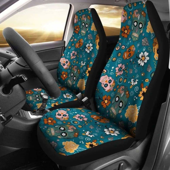 Set Of 2 Pcs Sugar Skull Day Of The Dead Car Seat Covers 101207 - YourCarButBetter