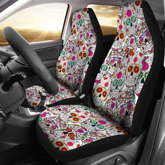 Set Of 2 Pcs - Sugar Skull Day Of The Dead Car Seat Covers 101207 - YourCarButBetter