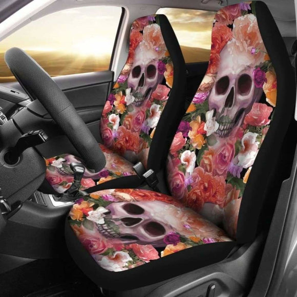 Set Of 2 Skull Skeleton Floral Skull Car Seat Covers 101207 - YourCarButBetter