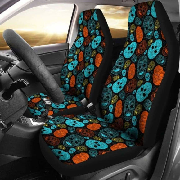 Set Of 2 - Sugar Skull Car Seat Cover Day Of The Dead 101207 - YourCarButBetter