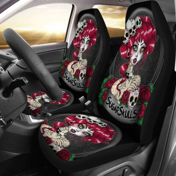 Set Of 2 Sugar Skull Car Seat Covers 101207 - YourCarButBetter