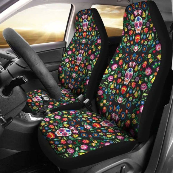 Set Of 2 Sugar Skull Mexican Skull Day Of The Dead Car Seat Covers 101207 - YourCarButBetter