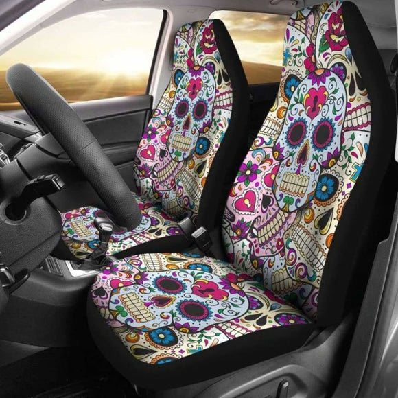 Set Of 2 Sugar Skulls - Day Of The Dead Car Seat Covers 101207 - YourCarButBetter