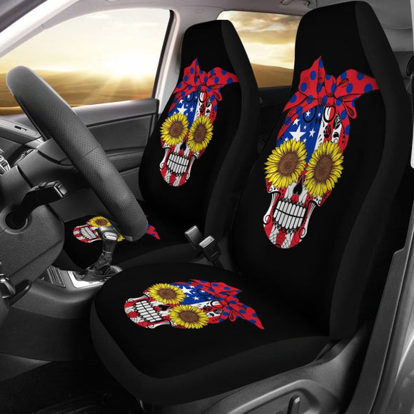 Sugar Skull American Flag Sunflower Floral Cute Gift Car Seat Covers 210403 - YourCarButBetter