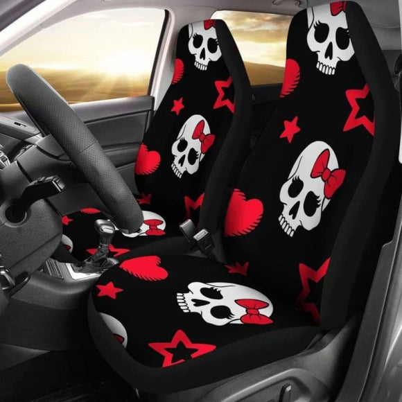 Sugar Skulls Red Black Bow Hearts Micro Fiber Car Seat Covers 101207 - YourCarButBetter