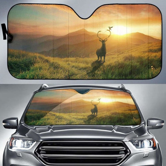 Sunset Deer Mountains Bird Landscape Hd Car Sun Shade 172609 - YourCarButBetter