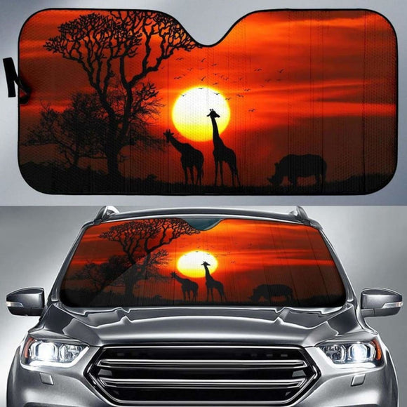 Sunset Giraffe Rhinoceros Silhouette Hd Car Sun Shade 085424 - YourCarButBetter