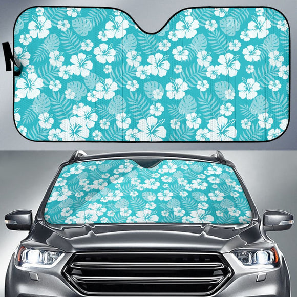 Teal Blue With White Hibiscus Hawaiian Flower Pattern Car Auto Sun Shades 210501 - YourCarButBetter