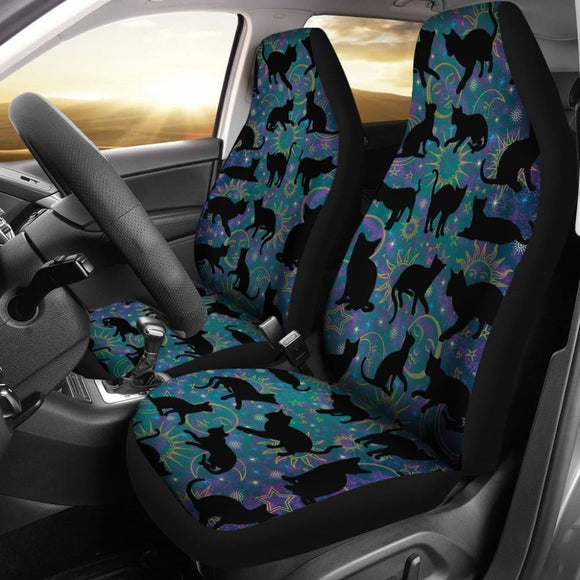 Teal Celestial Stars Moons Suns With Black Cats Silhouettes Car Seat Covers 101819 - YourCarButBetter