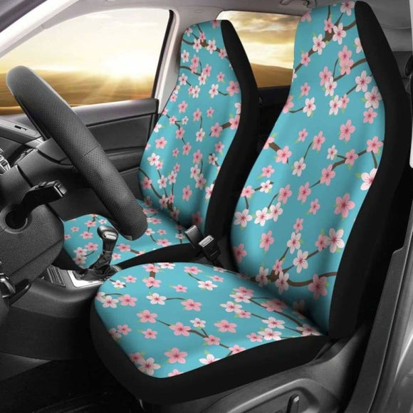 Teal With Pink And White Cherry Blossom Flower Pattern Car Seat Covers 110424 - YourCarButBetter