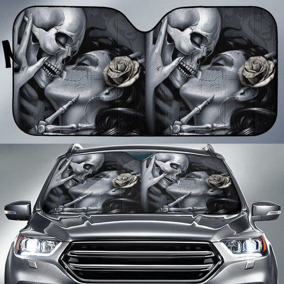 The Lovers King And Queen Kissing Skulls Skeletons Car Auto Sun Shades 212001 - YourCarButBetter