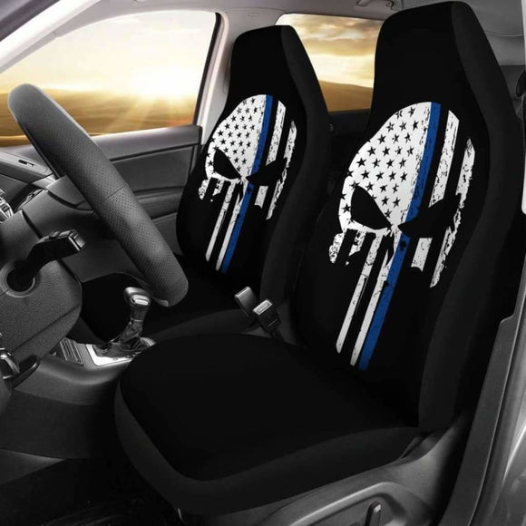 Thin Blue Line Punisher Skull Police Car Seat Covers 182417 - YourCarButBetter