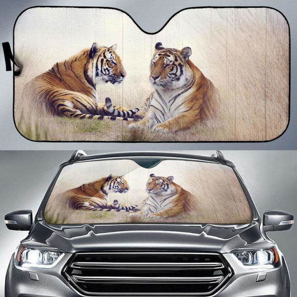 Tigers Big Cats Pair Grass 4K Car Sun Shade 172609 - YourCarButBetter