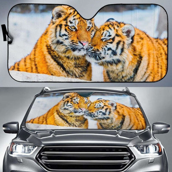 Tigers Cute Couple Winter Amur Tiger Snowfall Switzerland 4K Car Sun Shade 172609 - YourCarButBetter