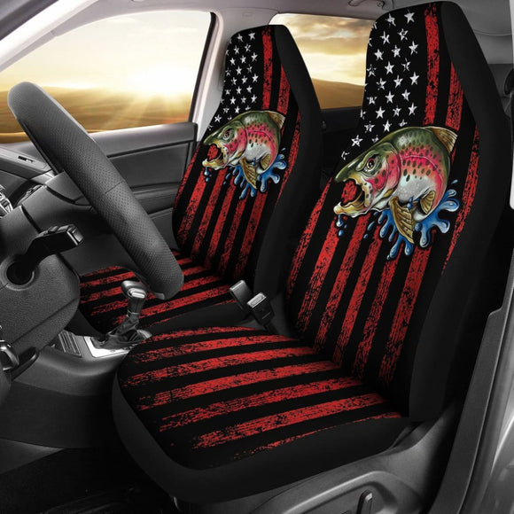 Trout Steelhead Fishing American Flag Printed Car Seat Covers 211804 - YourCarButBetter