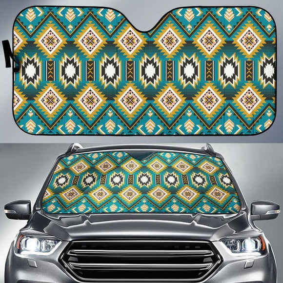Turquoise Blue Color Native Ameican Design Auto Sun Shades 093223 - YourCarButBetter