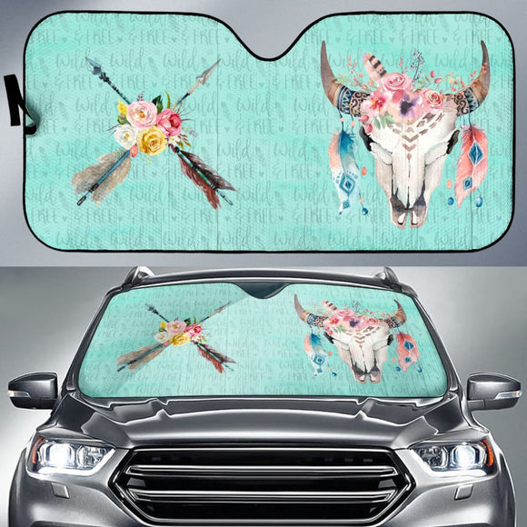 Turquoise Cow Skull Boho Wild And Free Car Auto Sun Shades 211901 - YourCarButBetter