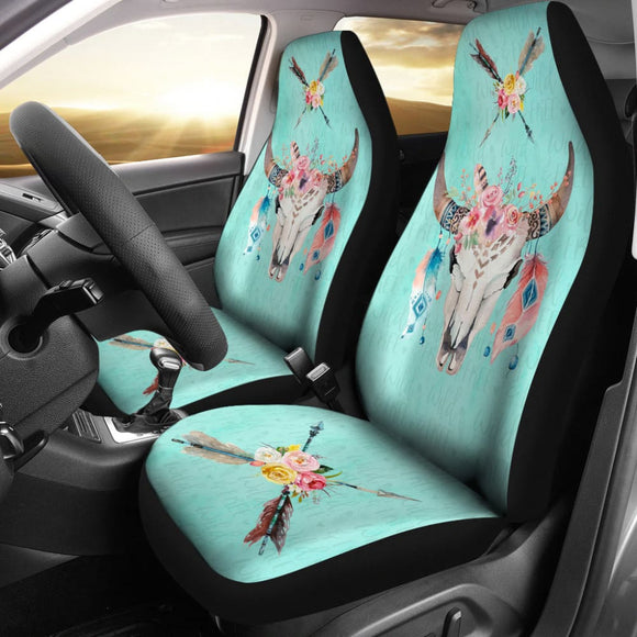 Turquoise Cow Skull Boho Wild And Free Car Seat Covers 211901 - YourCarButBetter