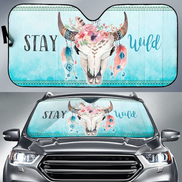 Turquoise Stay Wild Boho Skull Car Auto Sun Shades 210501 - YourCarButBetter