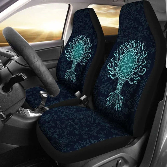 Viking Car Seat Cover - Vegvisir Tree Of Life - Turquoise - 110424 - YourCarButBetter