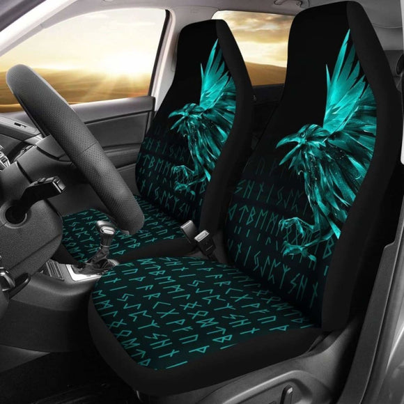Vikings Car Seat Covers - Raven Tattoo Style Cyan 174914 - YourCarButBetter