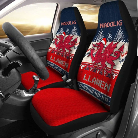 Wales Celtic Christmas Car Seat Covers - Welsh Dragon Nadolig Llawen Ugly Christmas Style Blue - 160830 - YourCarButBetter
