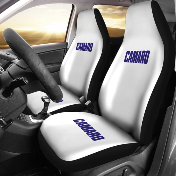 White Camaro Blue Letter Car Seat Covers 212304 - YourCarButBetter