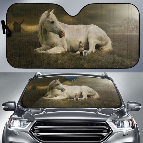 White Horse Cute Girl Cute Dog Landscape Dream 5K Car Sun Shade 172609 - YourCarButBetter