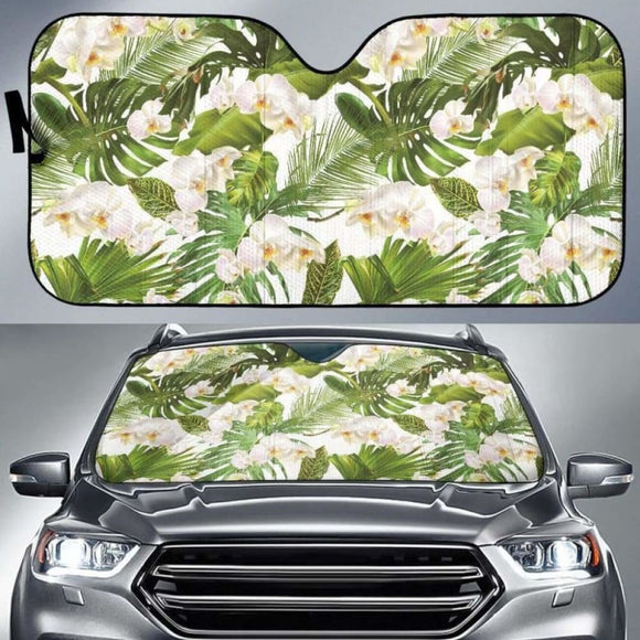 White Orchid Flower Tropical Leaves Pattern Car Auto Sun Shades 182102 - YourCarButBetter