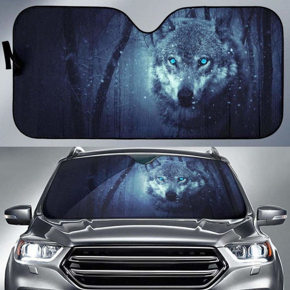 Wild Wolf Blue Eyes Scary Snowfall Winter 4K Car Sun Shade 172609 - YourCarButBetter